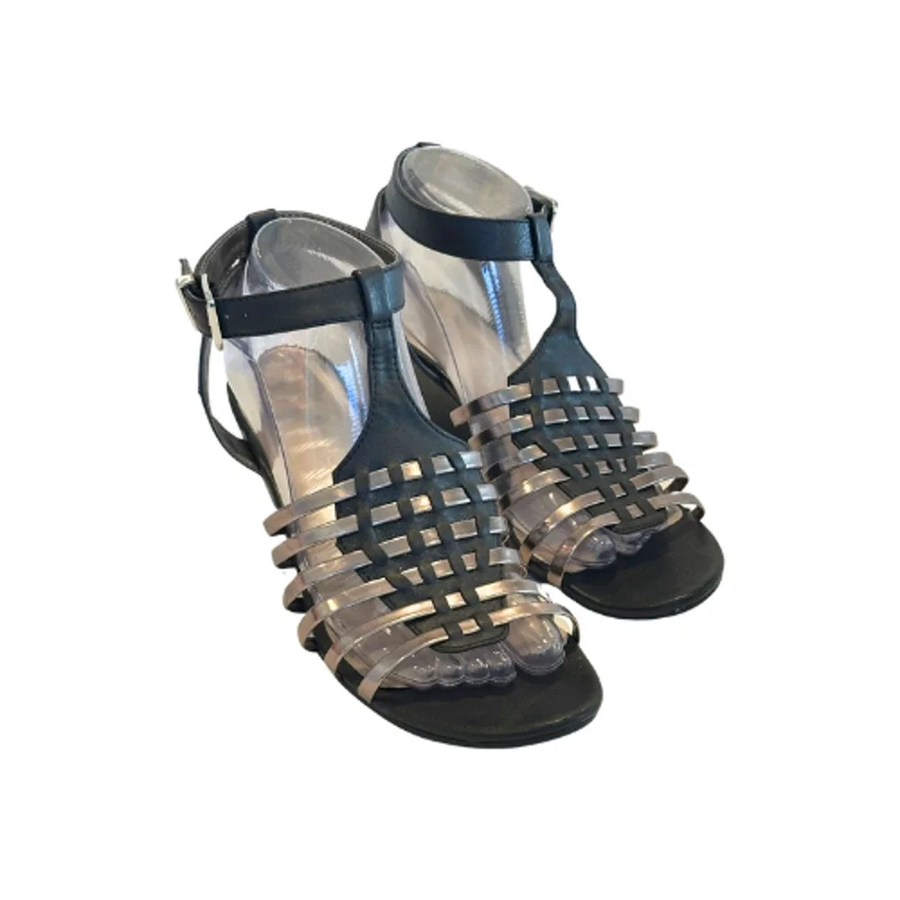 Sam & Libby Black Silver Strappy Wedge Sandals Size 8.5